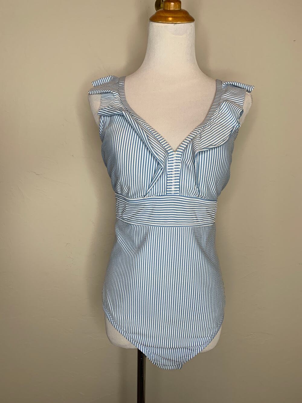 Blue White Seersucker 1 Piece Swimsuit Ruffle Strap Sz ? XL
